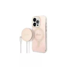   Guess csomag GUBPP14LH4EACSP - Guess MagSafe pink tok + Guess vezeték nélküli töltő Apple iPhone 14 Pro készülékhez