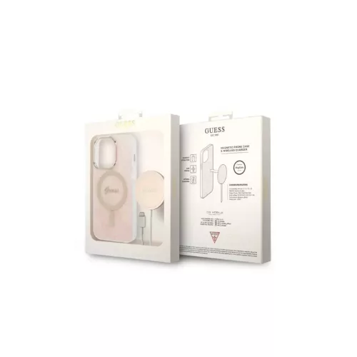 Guess csomag GUBPP14LH4EACSP - Guess MagSafe pink tok + Guess vezeték nélküli töltő Apple iPhone 14 Pro készülékhez
