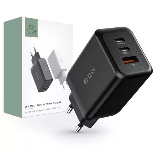 Tech-Protect PD65W / QC3.0 Hálózati Töltő adapter 1*USB-A, 2*USB-C fekete 934524