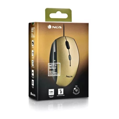 NGS Moth Gold asztali vezetékes ergonomikus csendes egér USB to Type-C adapterrel, arany