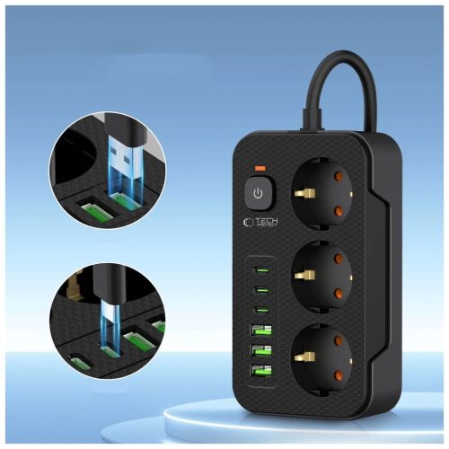 Tech-Protect Power Socket elosztó 3*USB-C+3*USB-A 2M fekete
