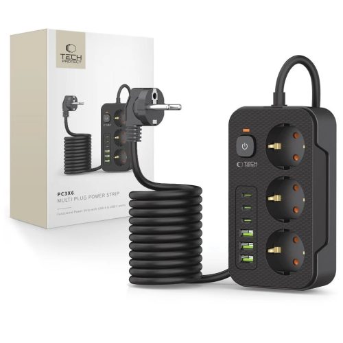 Tech-Protect Power Socket elosztó 3*USB-C+3*USB-A 2M fekete