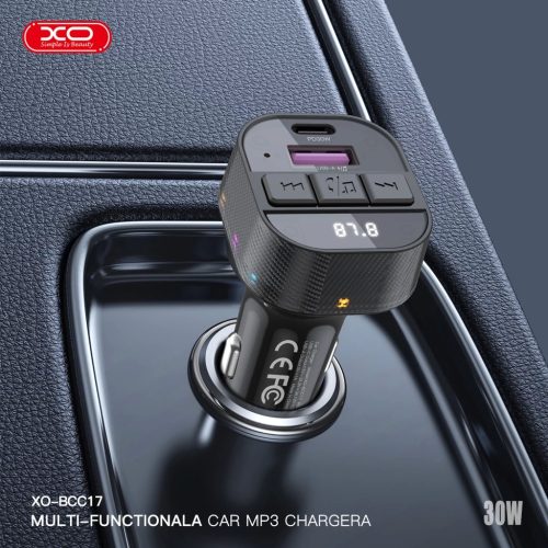 XO BCC17 FM Transzmitter Autós Töltő 30W, USB-C/USB-C kábellel a csomagban