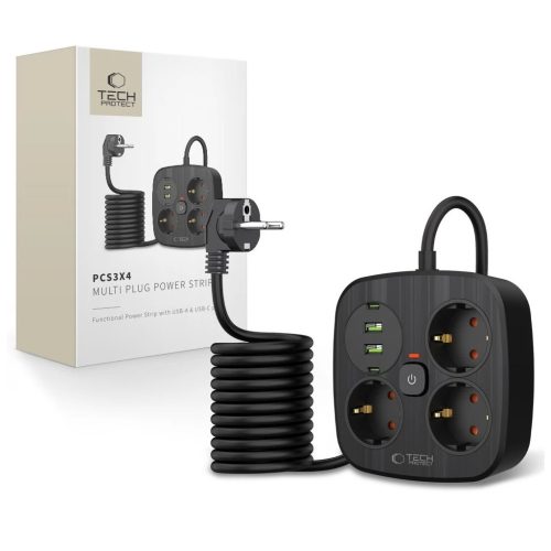Tech-Protect PCS3X4 Power Strip elosztó 2*USB-C+2*USB-A 2M fekete