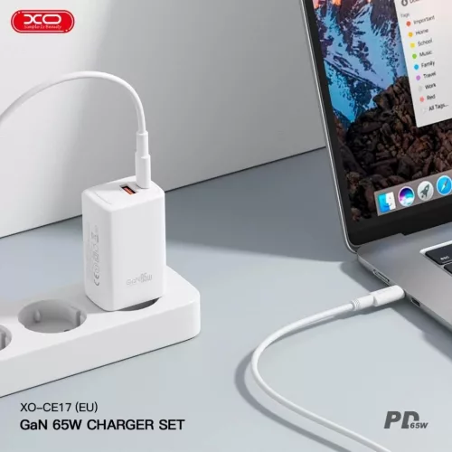 XO Hálózat Töltő CE17 1xUSB 1xUSB-C 65W GAN Fehér	