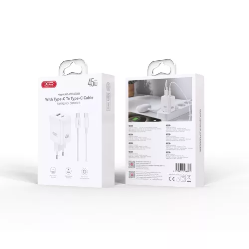 XO CE36 Fehér Hálózati Töltő szett PD45W 1*USB-A / 1*USB-C + USB-C kábellel