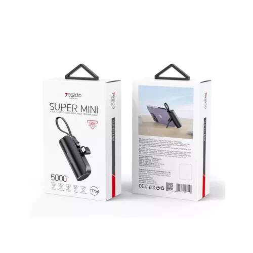 YESIDO YP68 hordozható akkumulátor 5000 mAh 12W USB-C–Lightning kábel, fekete