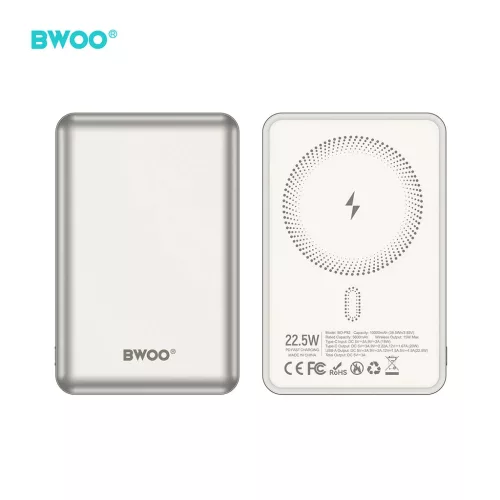 BWOO P82 BO hordozható akkumulátor 10000 mAh 15 W vezeték nélküli töltéssel világosszürke
