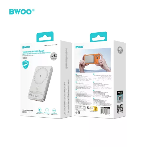 BWOO P82 BO hordozható akkumulátor 10000 mAh 15 W vezeték nélküli töltéssel világosszürke