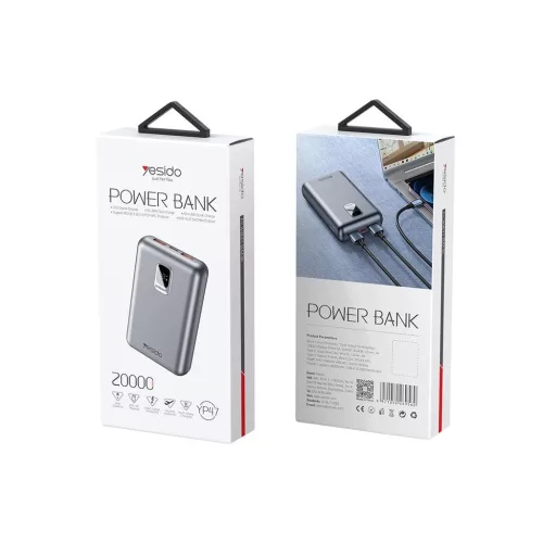 yesido YP47 külső akkumulátor 20 000 mAh, 22,5 W + PD 20 W, LED kijelző, ezüst