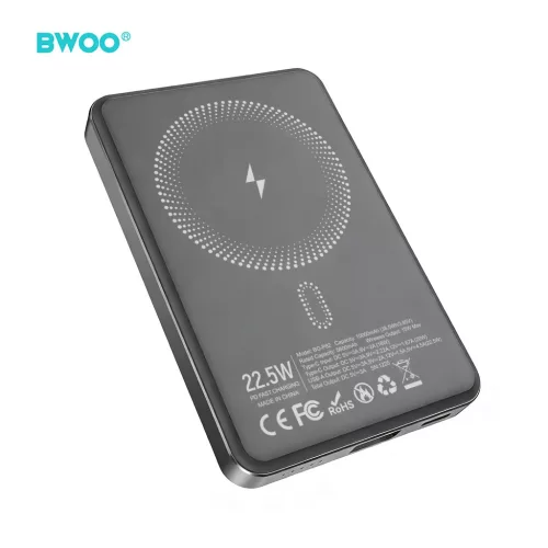 BWOO P82 BO külső akkumulátor 10000 mAh 15 W vezeték nélküli töltéssel sötétszürke