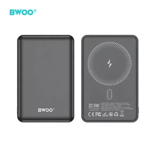BWOO P82 BO külső akkumulátor 10000 mAh 15 W vezeték nélküli töltéssel sötétszürke