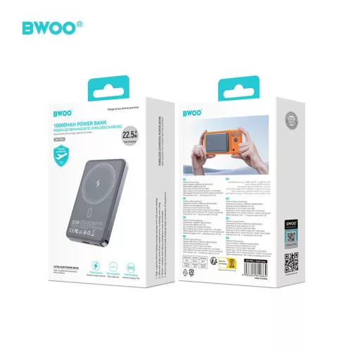 BWOO P82 BO külső akkumulátor 10000 mAh 15 W vezeték nélküli töltéssel sötétszürke
