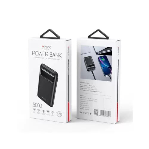 yesido YP33 külső akkumulátor 5 000 mAh, LED, 2x USB-A + USB-C, fekete