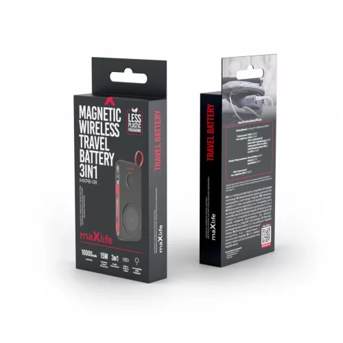 Maxlife vezeték nélküli külső akkumulátor MXPB-08 10000 mAh mágneses 3in1 fekete
