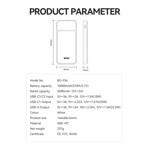 BWOO Ultra thin 22,5W 10000 mAh hordozható akkumulátor, fehér