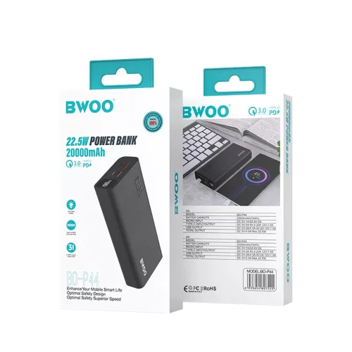 BWOO 22,5 W 20000 mAh külső akkumulátor LCD kijelzővel, fekete