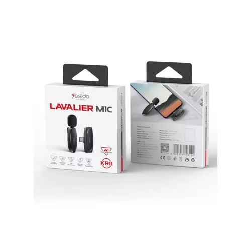 YESIDO KR14 MEMS vezeték nélküli mikrofon 2 db csíptetővel Lightning csatlakozóval (2,4 GHz), fekete