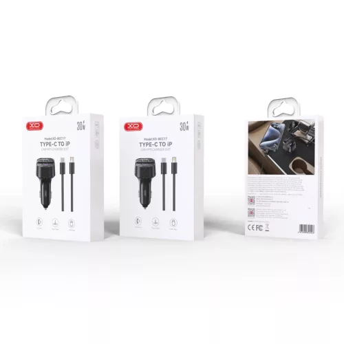 XO BCC17 FM-transzmitter Bluetooth MP3 autós töltő 30W + USB-C–USB-C kábel fekete