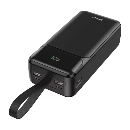 BWOO 65W 30000 mAh külső akkumulátor 2x USB-A, 1x USB-C, LCD-kijelzős, fekete