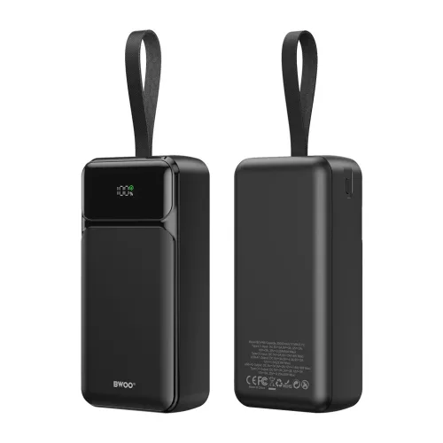 BWOO 65W 30000 mAh külső akkumulátor 2x USB-A, 1x USB-C, LCD-kijelzős, fekete
