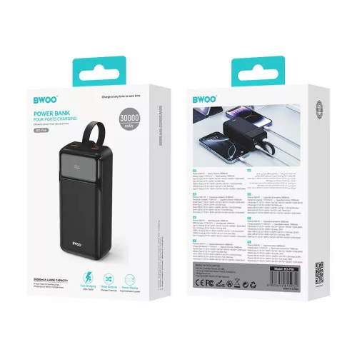 BWOO 65W 30000 mAh külső akkumulátor 2x USB-A, 1x USB-C, LCD-kijelzős, fekete