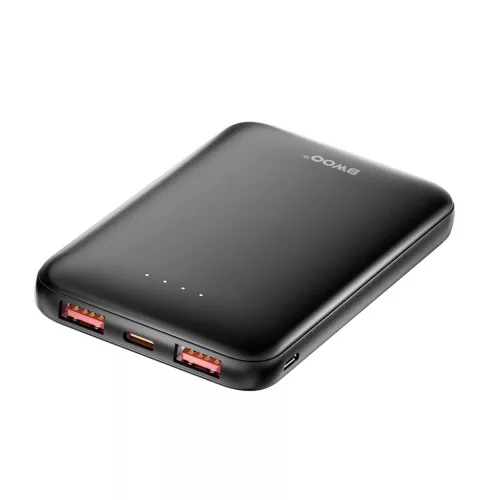 BWOO P72 powerbank 5000 mAh QC 22.5W PD 20W, 2× USB-A és 1× USB-C porttal, fekete