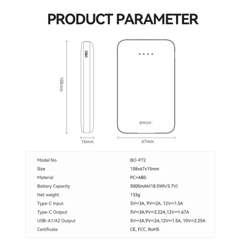 BWOO P72 powerbank 5000 mAh QC 22.5W PD 20W, 2× USB-A és 1× USB-C porttal, fekete