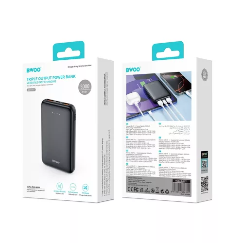 BWOO P72 powerbank 5000 mAh QC 22.5W PD 20W, 2× USB-A és 1× USB-C porttal, fekete