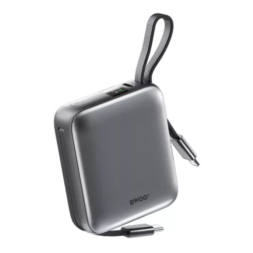 BWOO külső akkumulátor P74 22.5W 10000 mAh 2 beépített kábel (1 x USB-C, 1 x Lightning) fekete