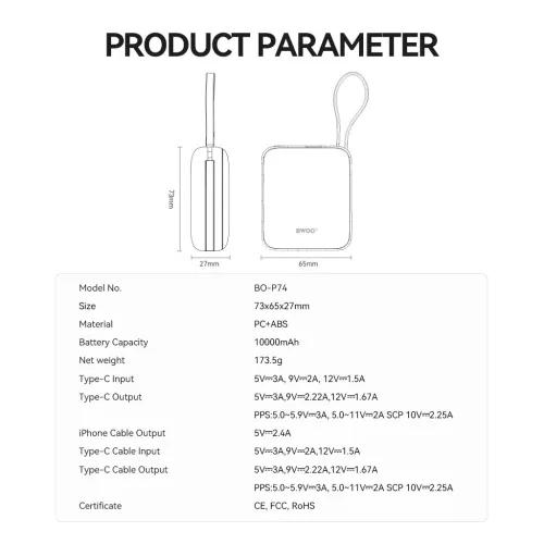 BWOO külső akkumulátor P74 22.5W 10000 mAh 2 beépített kábel (1 x USB-C, 1 x Lightning) fekete