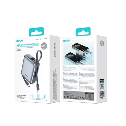 BWOO külső akkumulátor P74 22.5W 10000 mAh 2 beépített kábel (1 x USB-C, 1 x Lightning) fekete