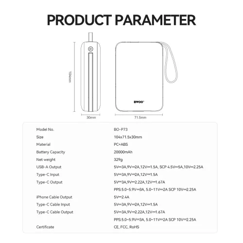 BWOO powerbank P73 22.5W 20000 mAh beépített 1 x USB-C és 1 x Lightning kábelekkel fekete