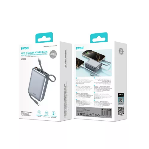 BWOO powerbank P73 22.5W 20000 mAh beépített 1 x USB-C és 1 x Lightning kábelekkel fekete