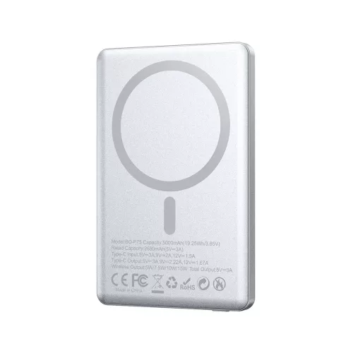 BWOO alumínium mágneses hordozható akkumulátor P75 PD 20W 5000 mAh digitális kijelzővel USB-C porttal ezüst
