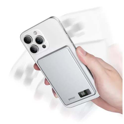 BWOO alumínium mágneses hordozható akkumulátor P75 PD 20W 5000 mAh digitális kijelzővel USB-C porttal ezüst