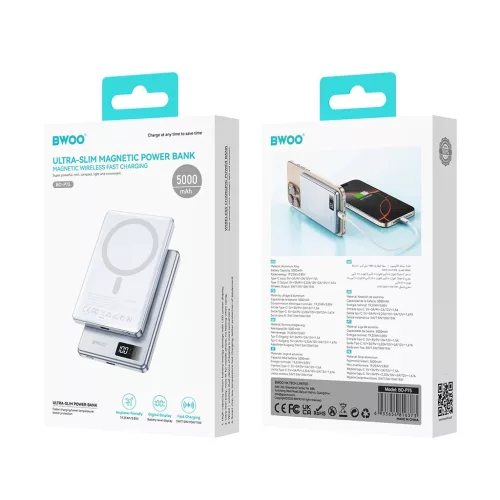 BWOO alumínium mágneses hordozható akkumulátor P75 PD 20W 5000 mAh digitális kijelzővel USB-C porttal ezüst
