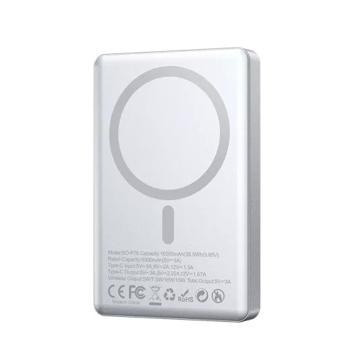 BWOO ultravékony alumínium mágneses powerbank P76 10000 mAh PD 20W digitális kijelzővel és USB-C porttal fekete