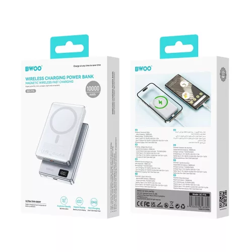 BWOO ultravékony alumínium mágneses powerbank P76 10000 mAh PD 20W digitális kijelzővel és USB-C porttal fekete