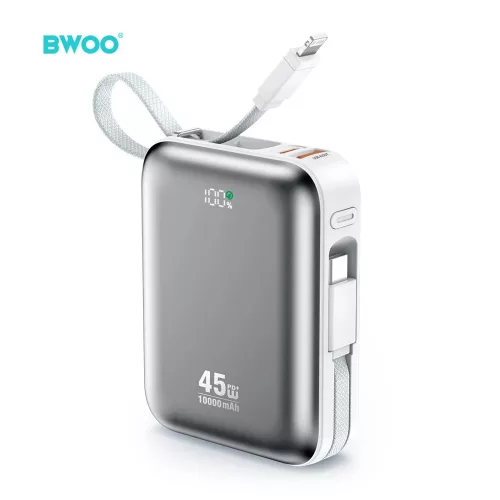 BWOO hordozható töltő P77 45W 10000 mAh USB-C és Lightning kábellel, szürke
