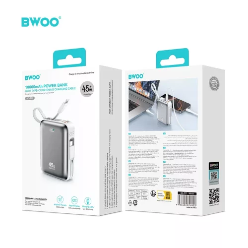 BWOO hordozható töltő P77 45W 10000 mAh USB-C és Lightning kábellel, szürke