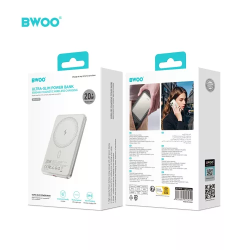 BWOO ultravékony külső akkumulátor 20W 5000mAh mágneses töltéssel P79 világosszürke