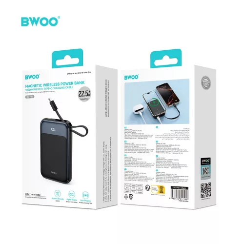BWOO P80 PD 20W 10000 mAh külső akkumulátor USB-C kábellel és kijelzővel fekete