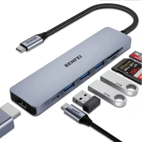   BENFEI 7 az 1-ben USB-C elosztóadapter – 4K HDMI, USB-C 100W PD, 3× USB-A, SD/microSD kártyaolvasó, szürke