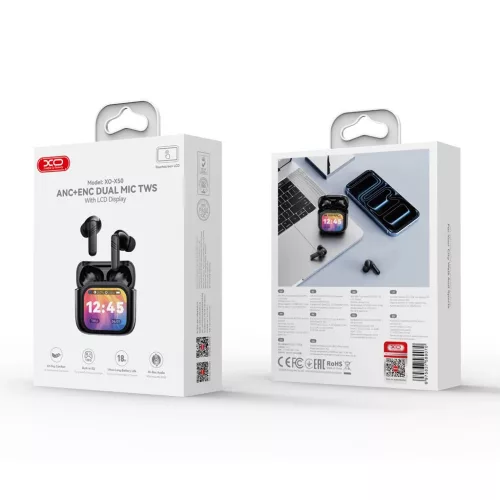 XO Bluetooth fülhallgató X50 TWS LCD ANC + ENC duál mikrofonos, fekete
