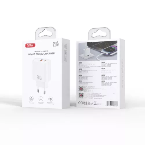 XO fali töltő CE40 PD 20W, 1x USB-C, 1x USB, fehér