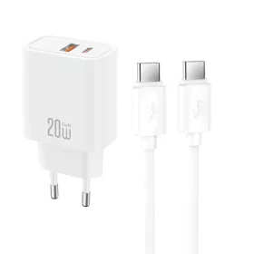   XO CE40 falitöltő PD 20W 1x USB-C, 1x USB-A + kábel USB-C–USB-C fehér