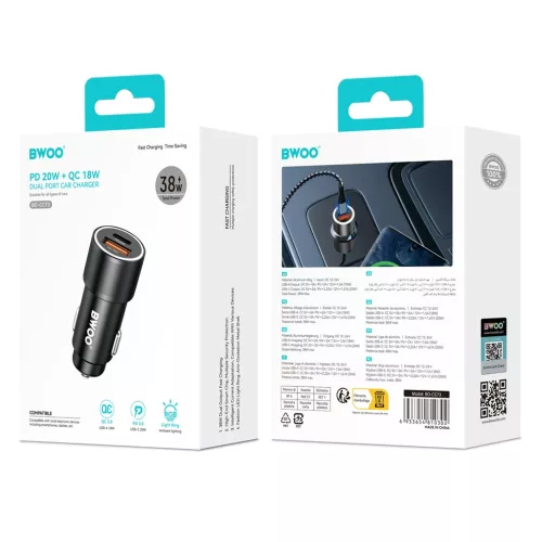 BWOO BO-CC73 PD autós töltő 1x USB-C – USB-A port 38W ezüst
