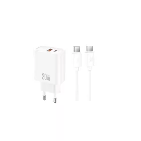   XO CE42 PD 30W hálózati töltő 1x USB-C, 1x USB + USB-C–USB-C kábel, fehér