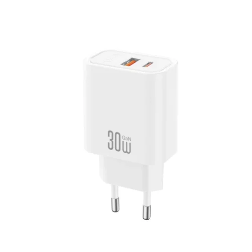 XO CE42 PD 30W hálózati töltő 1x USB-C, 1x USB + USB-C–USB-C kábel, fehér